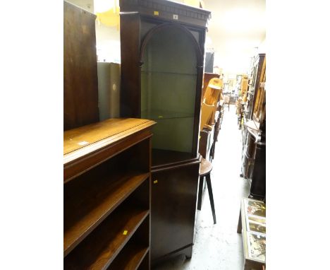 A modern reproduction mahogany effect standing corner cupboard, open shelf top & cupboard base