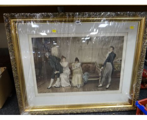 Framed print of a domestic regency scene, signed & with embossed print mark