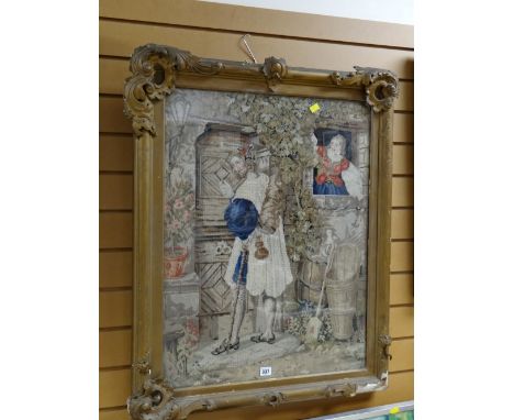 Framed antique tapestry of a narrative with female looking out of window at a male