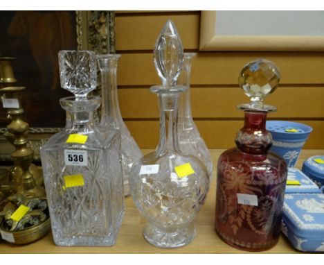 Collection of quality decanters including an etched ruby glass