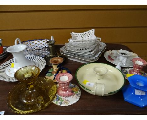 Tray of various ceramic pierced baskets & candle holders