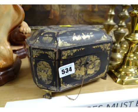 An Chinoiserie lacquer-ware gilt-decorated tea caddy having two internal compartments