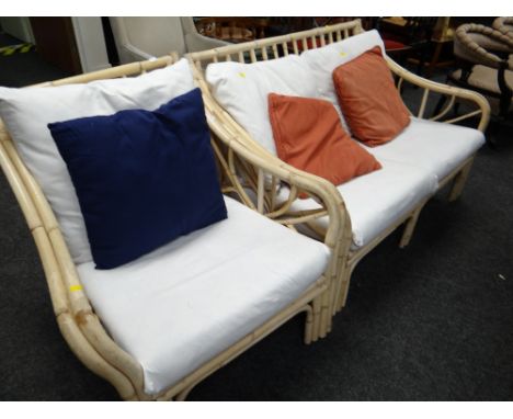 Bamboo conservatory cushioned suite comprising two-seater sofa, armchair, coffee table etc