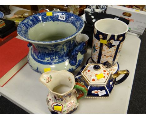 A large blue & white twin-handled planter, Gaudy Welsh-style jug, teapot etc