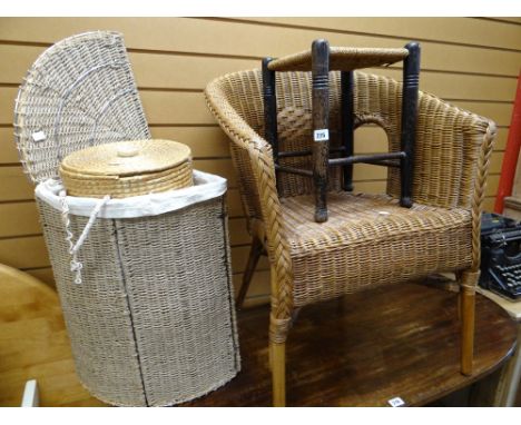A bamboo & wicker armchair, small wicker topped stool, linen basket etc