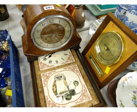 A vintage Smith's oak cased mantel clock, modern barometer thermometer, an owl tile wall clock