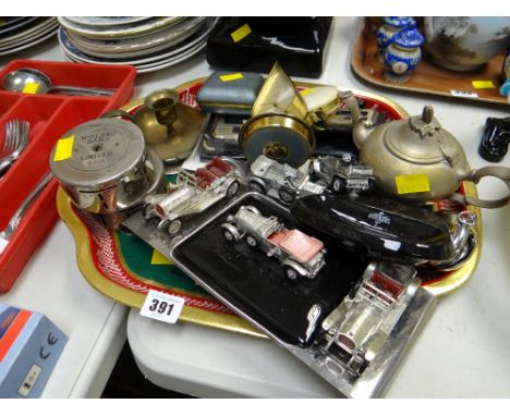 Tray of various collectables including a Swiza small mantel clock, vintage Midland bank money boxes, travel clocks etc