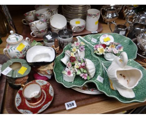 Tray of various ornaments including Aynsley, small twin-handled urn, Royal Doulton Toby Jug 'Parson Brown', Royal Worcester e