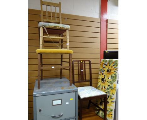Three various dining chairs together with a cross stitch stool top