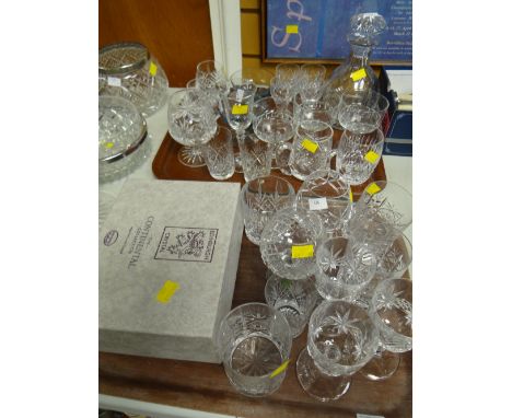 Two trays of various good quality drinking glasses & decanter