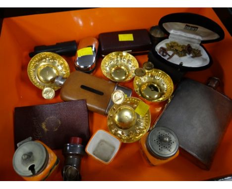 Box of various collectables including yellow metal cuff links, EPNS engine turned hip flask, gilt coloured bowls, wine bottle