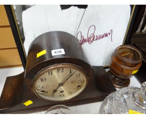 A vintage oak mantel clock (in working order) together with a treen urn & stamped box