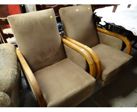 A pair of vintage suede upholstered wooden framed Deco-style armchairs