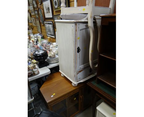 A painted white small cabinet, similar high-back chair together with a modern light wood & glazed TV/hi-fi cabinet