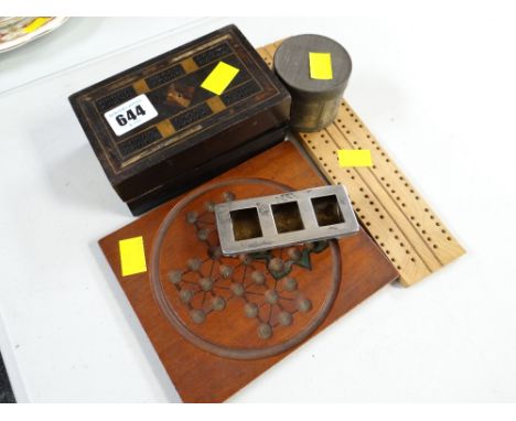 A wooden solitaire board &amp; counters, folding cribbage board &amp; hallmarked silver counter holder etc
