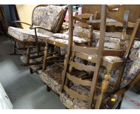 A six-piece floral Priory or similar cottage suite comprising two-seater sofa, armchair, rocking chair & four dining chairs w