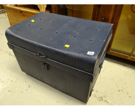 A vintage painted blue metal trunk