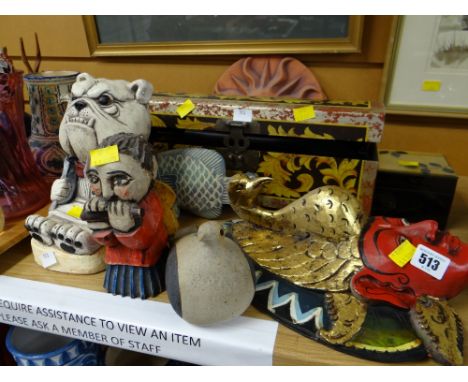 Collection of carved wooden &amp; ceramic items together with two decorated boxes