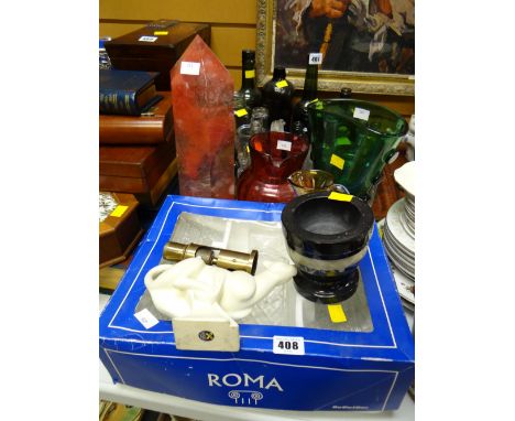 A Chinese floral decorated lidded barrel, cranberry glass jug, boxed decanter set, coloured glass obelisk etc