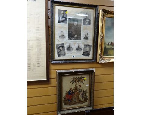 A framed selection of portraits of the Boer War military leaders together with a framed tapestry