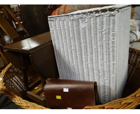 Computer desk, small two-drawer filing cabinet, side table, linen basket & vintage video camera