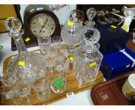 Tray of various cut glass including ship's decanter & others, boxed rose bowl, drinking glasses etc