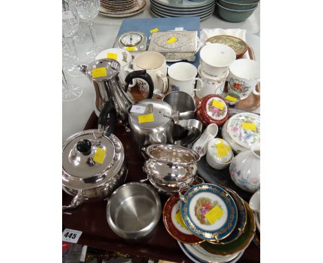 Two trays of various china including mugs, Aynsley vases, metal teaware, small Wedgwood mantel clock etc