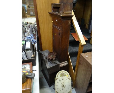 A mid-nineteenth century oak & inlaid eight-day longcase clock (for restoration) together with a vintage cuckoo clock