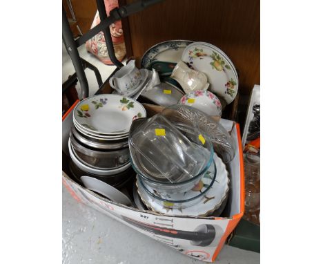 Two boxes of various kitchen china & cookware including Royal Worcester 'Evesham Gold' flan dish, Pyrex glassware etc