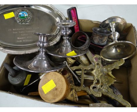 Box of various collectables including EPNS candlestick holders, telescopic cup, napkin rings, glove stretchers etc