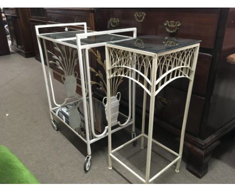 A white painted Art Deco style tea trolley with mirror inset and a white painted plant stand with mirror top
