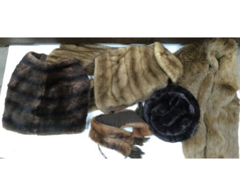 Three vintage fur shrugs, a stole and fur hat