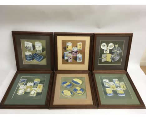 Six framed vintage cigarette advertising prints, pre 1950's brands