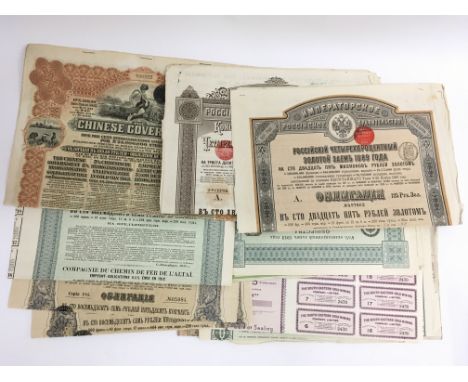 A collection of approximately twenty bond and share certificates to include 43 coupons from the Chinese Government 5% Reorgan