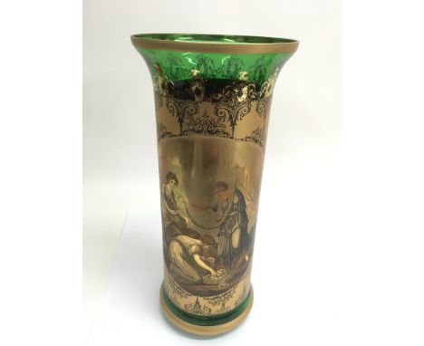 A large green Bohemian type vase decorated with gilded print of maidens.Approx 49cm high