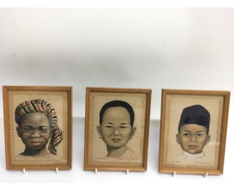 Three 1960's era watercolour and pencil  portrait sketches depicting  Nepalese, African and Malay people, all signed Rosemary