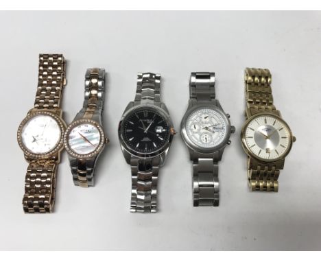 A bag of five mixed wristwatches by Rotary, Amadeus and Bench.