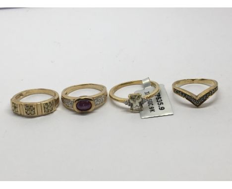 Four 9carat gold rings set with a ruby cabochon and other coloured stones. Ring size N. Weight 9.5g