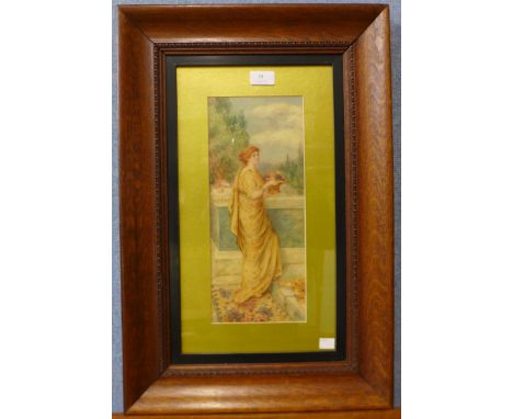 L.A. Lee, Pre-Raphaelite style portrait of a lady, watercolour, 35 x 15cms, framed 
