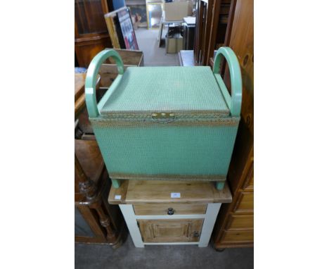 A painted oak bedside cabinet and wicker commode 