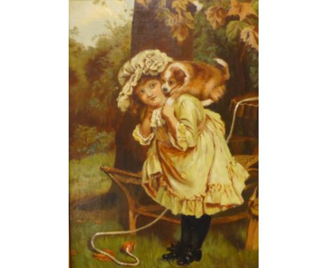 English School (19th Century), portrait of a girl and puppy, oil on canvas, 47 x 34cms, framed 