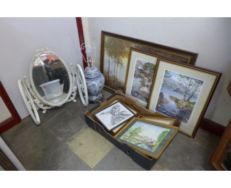 A blue and white porcelain table lamp, dressing table mirror and assorted pictures 