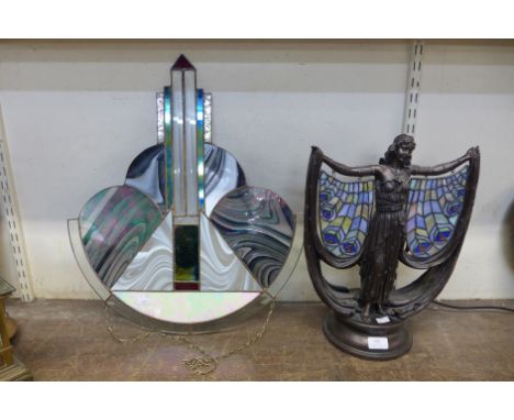 A Tiffany style figural table lamp and a hanging panel, a/f 
