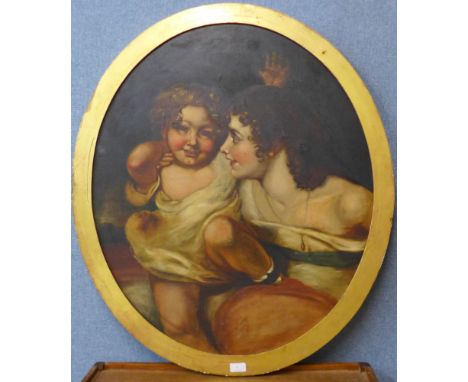 English School (early 19th Century), oval portrait of mother and child, oil on canvas, 81 x 70cms, framed 