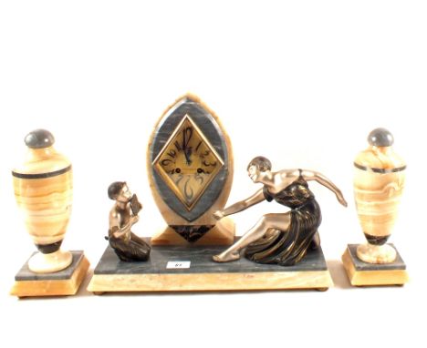 An Art Deco clock garniture in various marbles with metal seated lady and boy playing pan pipes, dial marked Le Roy St Just E