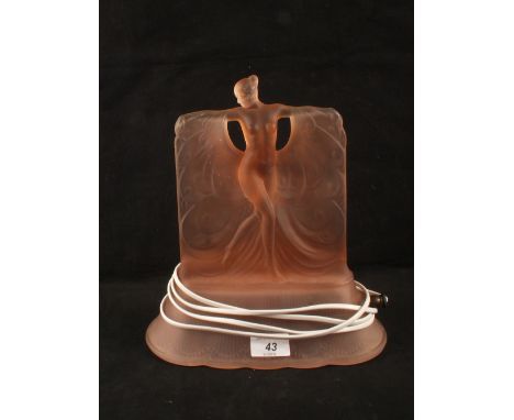 A USA pink frosted glass lady table lamp, marked Danse de Lumiere, pat appld, by McKee, height 11"