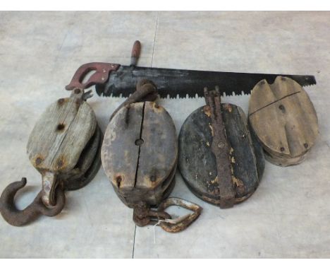Four vintage tackle blocks ex Norfolk Wherry and a handsaw