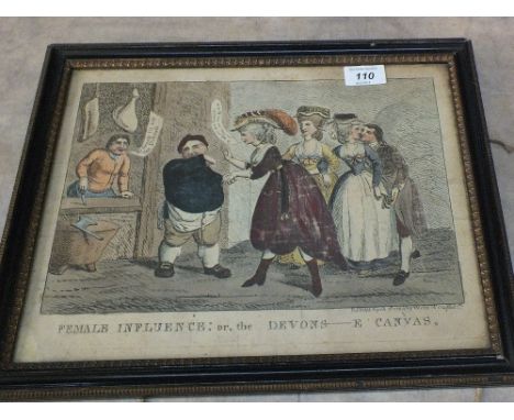 A 19th Century satirical print, Female Influence of the Devons...e canvas, 10" x 13"