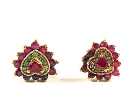 A pair of 9ct Gold Ruby and Diamond heart shaped earrings (non matching backs)