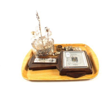 A Silver plated cruet, Oak barometer etc